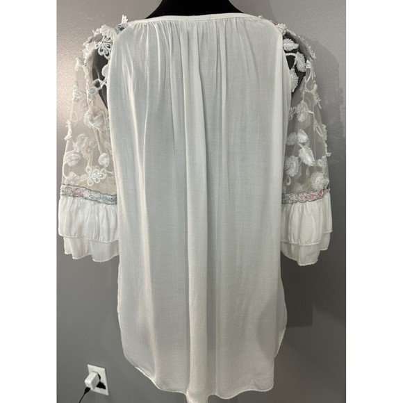 Womens White Blouse Made in Italy Embroidered Floral Eyelet Boho Tunic Sz L? EUC - Picture 5 of 7